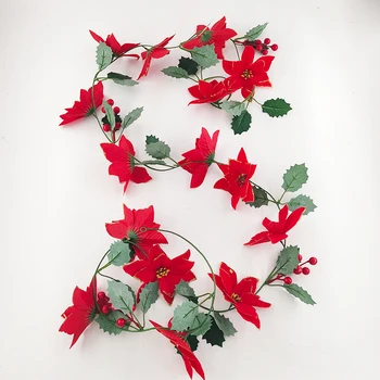 Mesterséges Mikulásvirág Vörös Virág, Koszorú Lakberendezés Parasztház Dekoráció Zöld Levél Rattan Karácsonyra, Új Évre