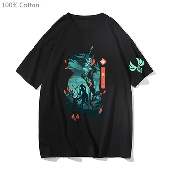 Tiszta Pamut Genshin Hatása Xiao Grafikus Nyomtatott Mens T-Shirt Nyári Rövid Ujjú póló Camisetas Hombre Kpop Hip-hop Streetwear