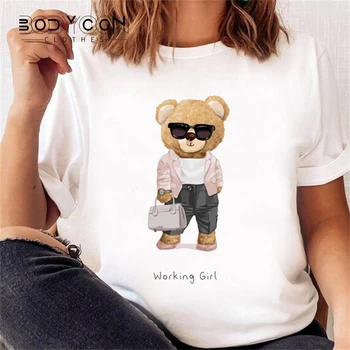 Alkalmi Aranyos Medve Trend Aranyos Stílus Női Rövid Ujjú Nyomtatott póló, Mintás póló, Top Divat Nyári Tavaszi Nyomtatott Clothin