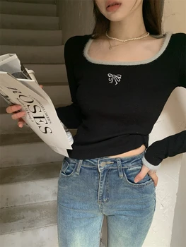 A Koreai Stílus Női Póló Grunge Esztétikai Tshirts Tassel Y2k Vintage Póló Patchwork Streetwear Crop Top Női