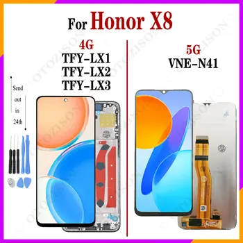 LCD Keret Megtiszteltetés X8 5G VNE-N41 Kijelző Huawei Honor X8 4G TFY-LX1 TFY-LX2 TFY-LX3 Képernyő Touch Digitalizáló Közgyűlés