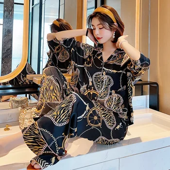 2021 Luxus Nyomtatás Pizsama Szett Nők számára Nyomtatott Laza Nagy Méretű Jég Selyem Meghatározott Divat Haza Szolgáltatás Hálóruházat Homewear Ruhák