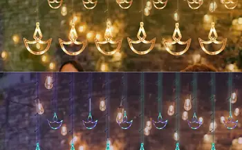 Akkumulátor tündérfény Diwali String Világítás Dekoráció Boldog Diwali Horgony Függöny Lámpák 12 Láng Formák 138 Led-ek