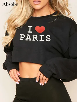 Absobe Imádom A Párizsi Levél Nyomtatott Termés Laza Pulóver Nők Kontraszt Legénység Nyak Hosszú Ujjú Pulóver Őszi 2023 Streetwear