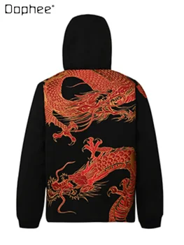 Streetwear Teljes Hímzett Vörös Sárkány Steppelt Kabát a Férfiak, mind a Nők 2023 Őszi Téli Új Japán Férfi Kapucnis Pamut Kabát