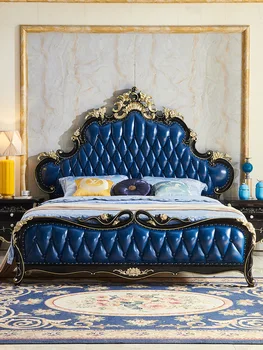 Európai bőr ágy 1,8 méter teljes tömörfa franciaágy tömör tölgy fa villa luxus bútorok, bőr queen-size méretű ággyal