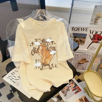 Tavaszi Nyári Női póló Aranyos Nyomtatás Rövid Ujjú O Galléros pólók Nő Tiszta Pamut Kényelmes Női Felső