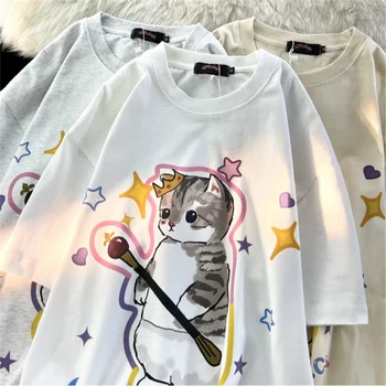 Vicces Macska Nyomtatott Póló Harajuku T-Shirt Semleges Streetwear Japán Kanji Női Pólók Aranyos Legfeljebb Alkalmi, Rövid Ujjú Tshirt